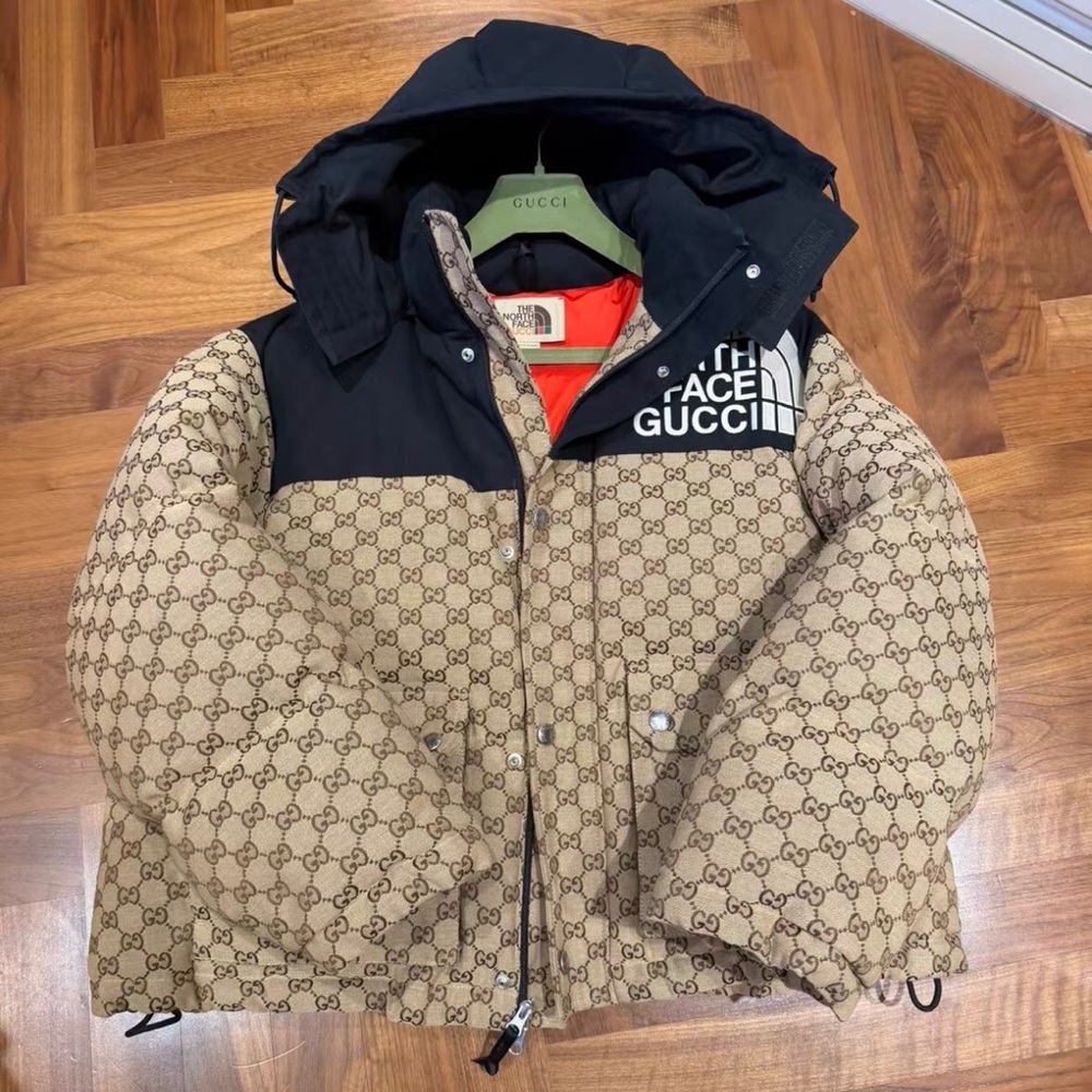 The North Face Beige and Black Logo Puffer Jacket